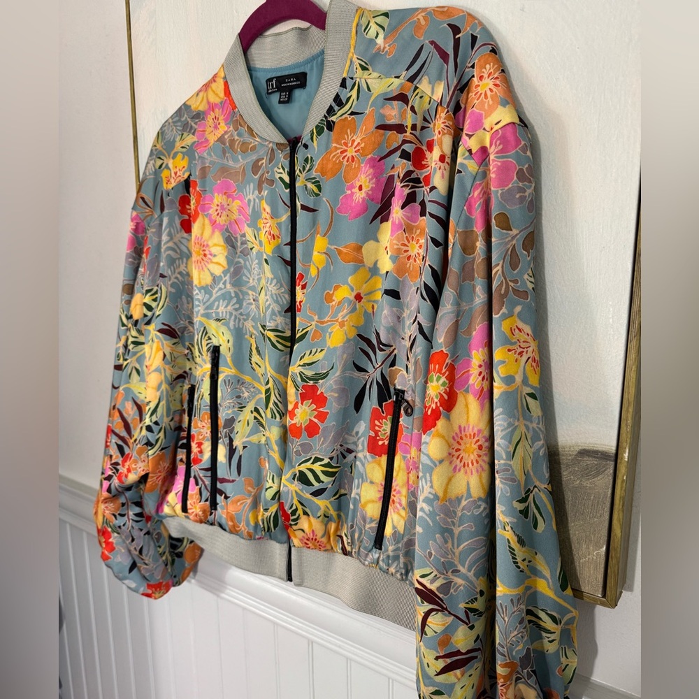 ZARA Silk Cropped Elastic Floral Bomber Teal Tropical Size M - Picture 2 of 4